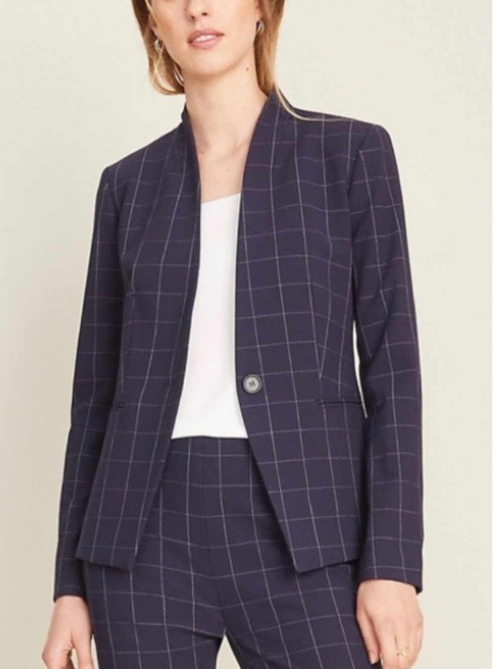 Ann Taylor Crepe Windowpane Plaid Single Breasted Blazer Jacket Preppy Navy 4